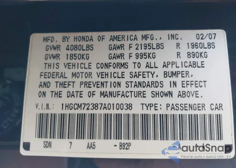 2007 Honda Accord 2.4 Lx from USA, damaged, VIN 1HGCM72387A010038